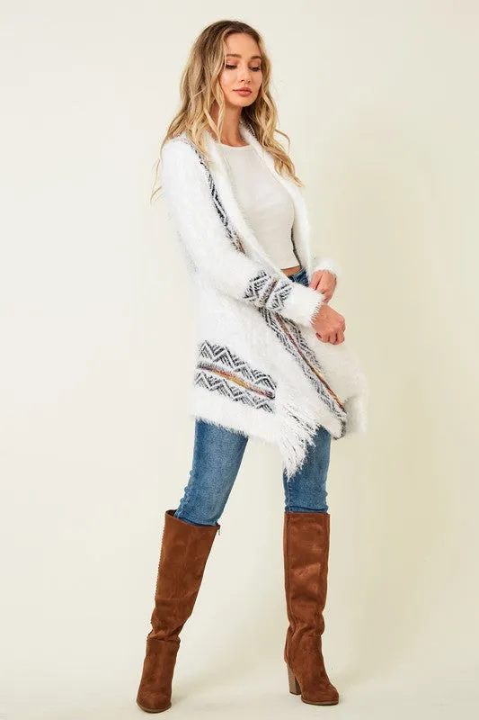 Aztec Rainbow Fuzzy Cardigan - Soft White