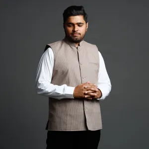 Brown - Running Stitch Cotton Nehru Jacket