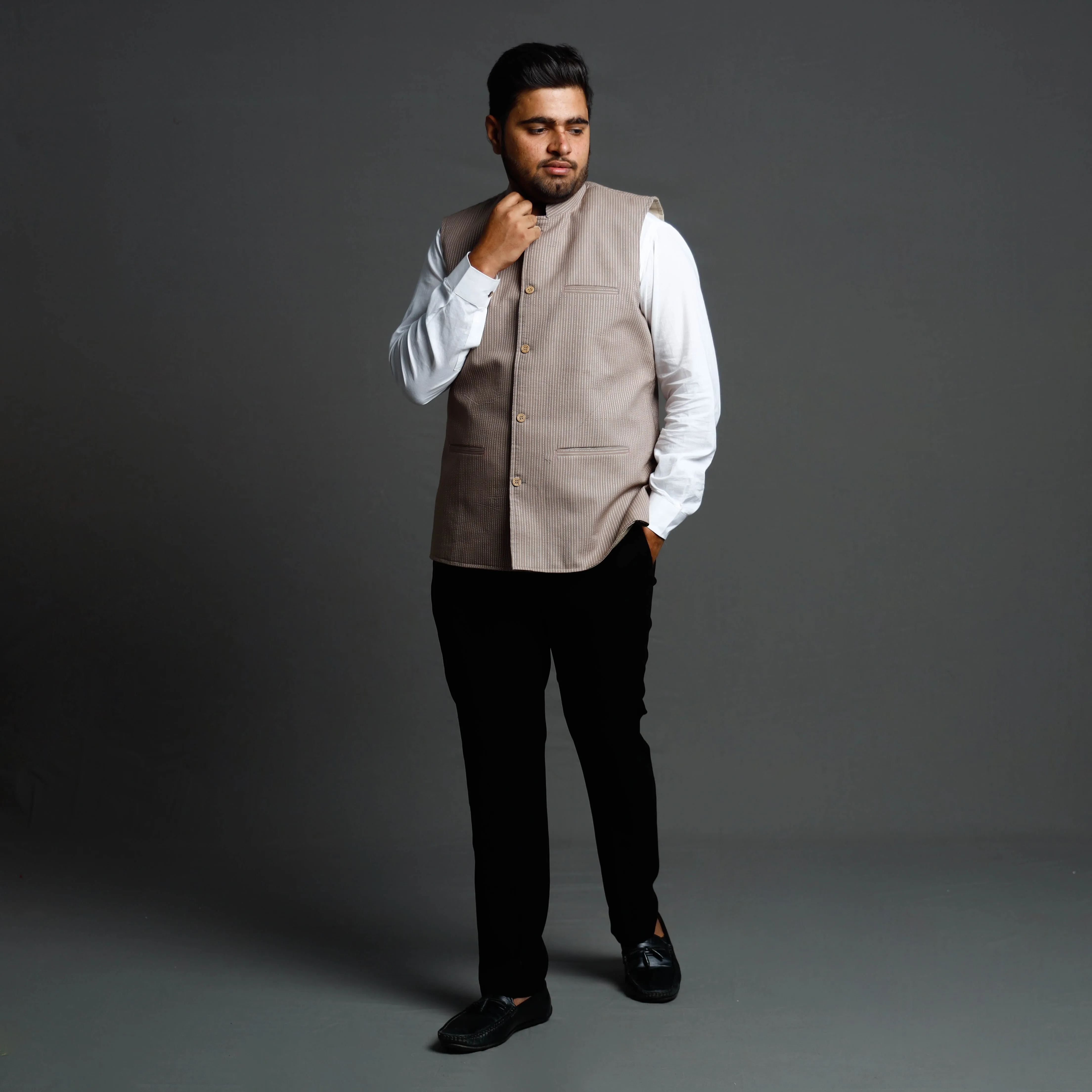 Brown - Running Stitch Cotton Nehru Jacket