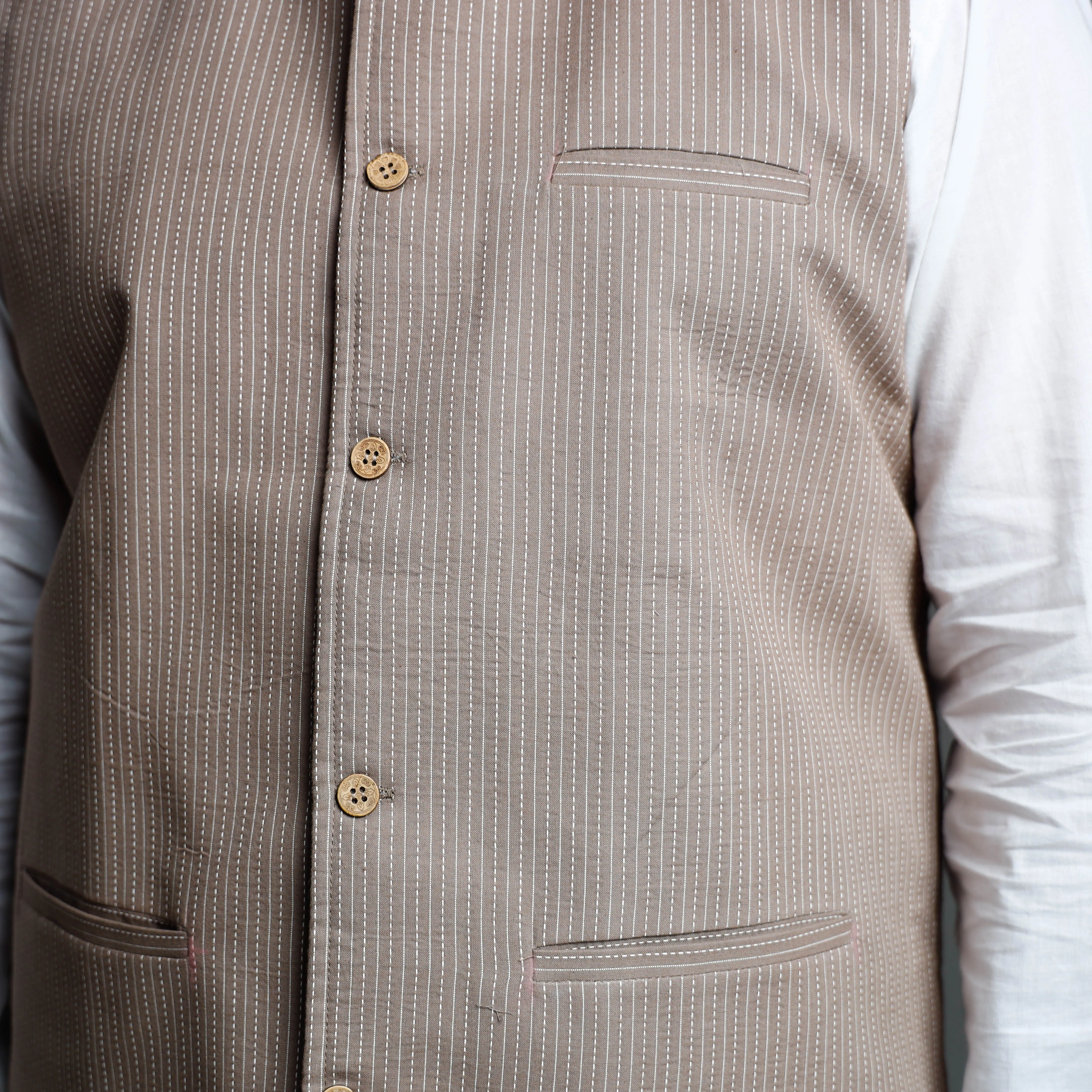 Brown - Running Stitch Cotton Nehru Jacket