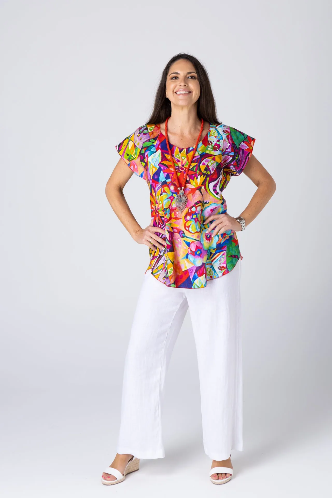 Calypso Print Short Sleeve 100% Linen Top