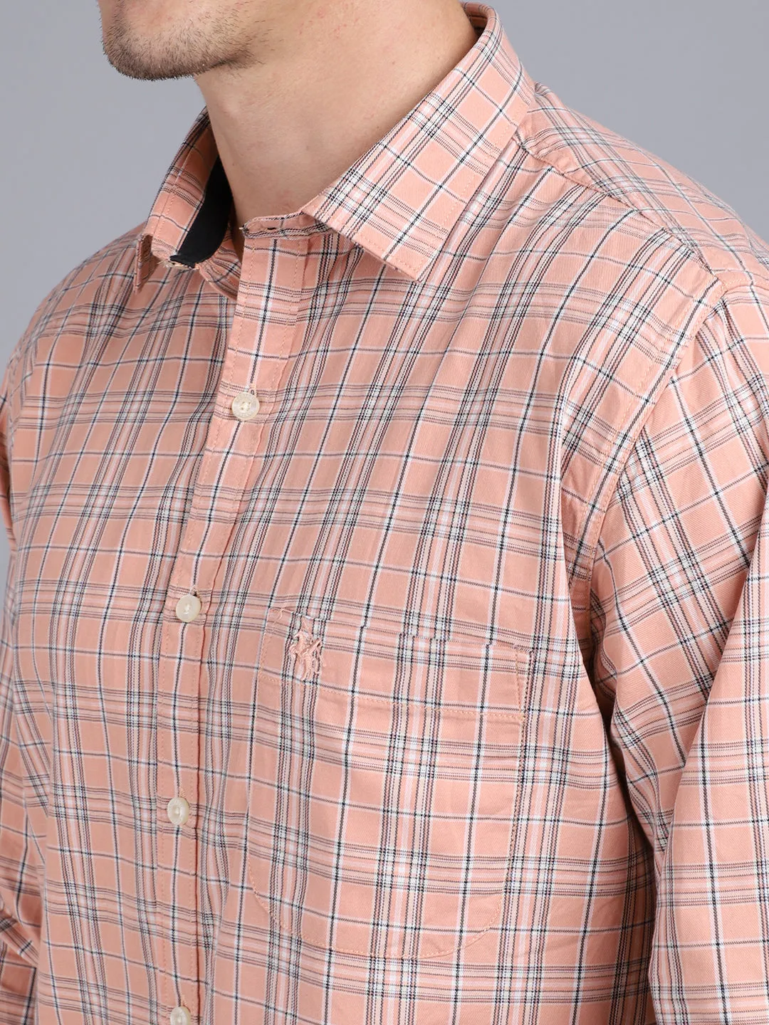 Cantabil Cotton Checkered Peach Full Sleeve Casual Shirt for Men with Pocket