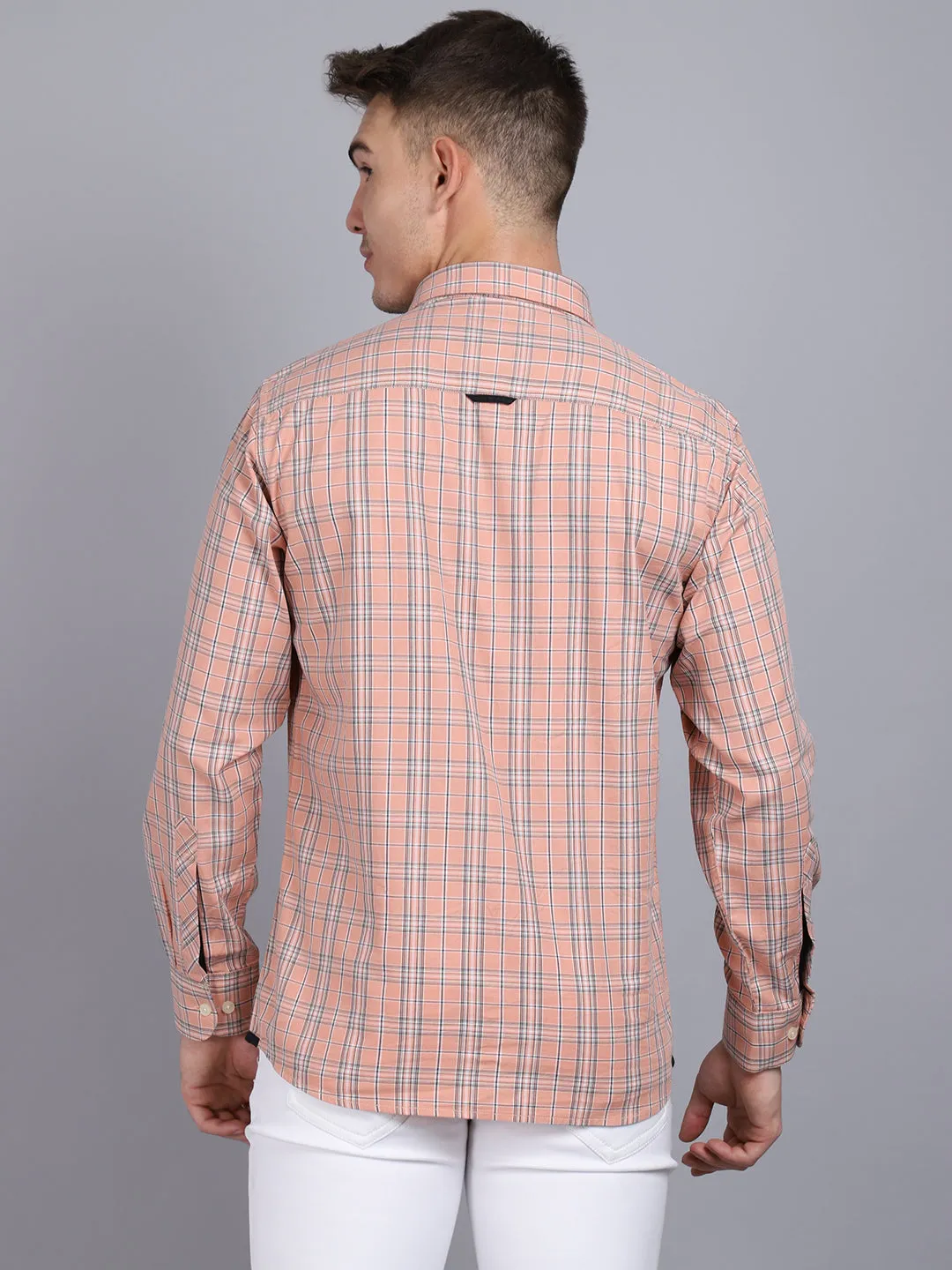 Cantabil Cotton Checkered Peach Full Sleeve Casual Shirt for Men with Pocket