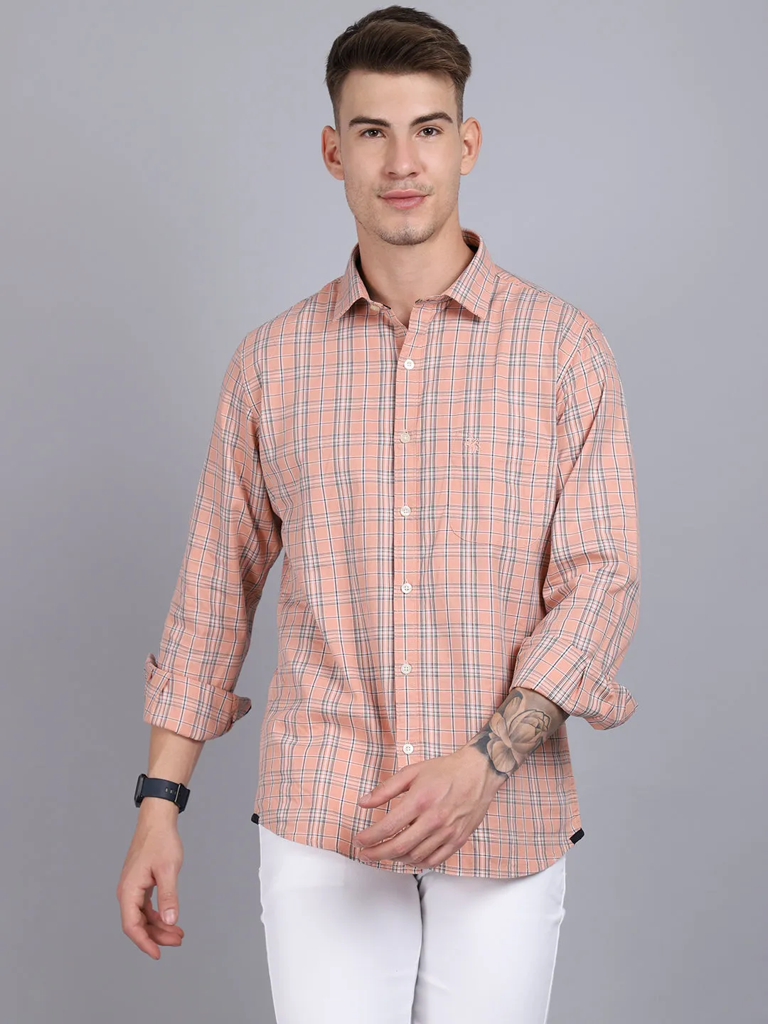 Cantabil Cotton Checkered Peach Full Sleeve Casual Shirt for Men with Pocket