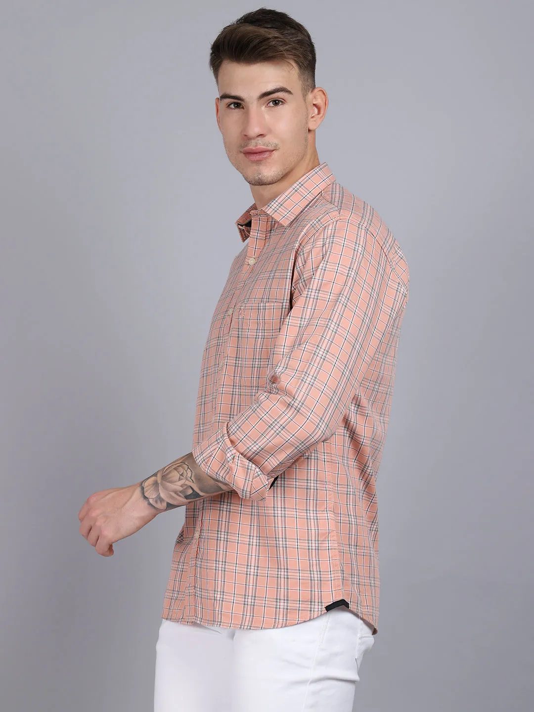 Cantabil Cotton Checkered Peach Full Sleeve Casual Shirt for Men with Pocket