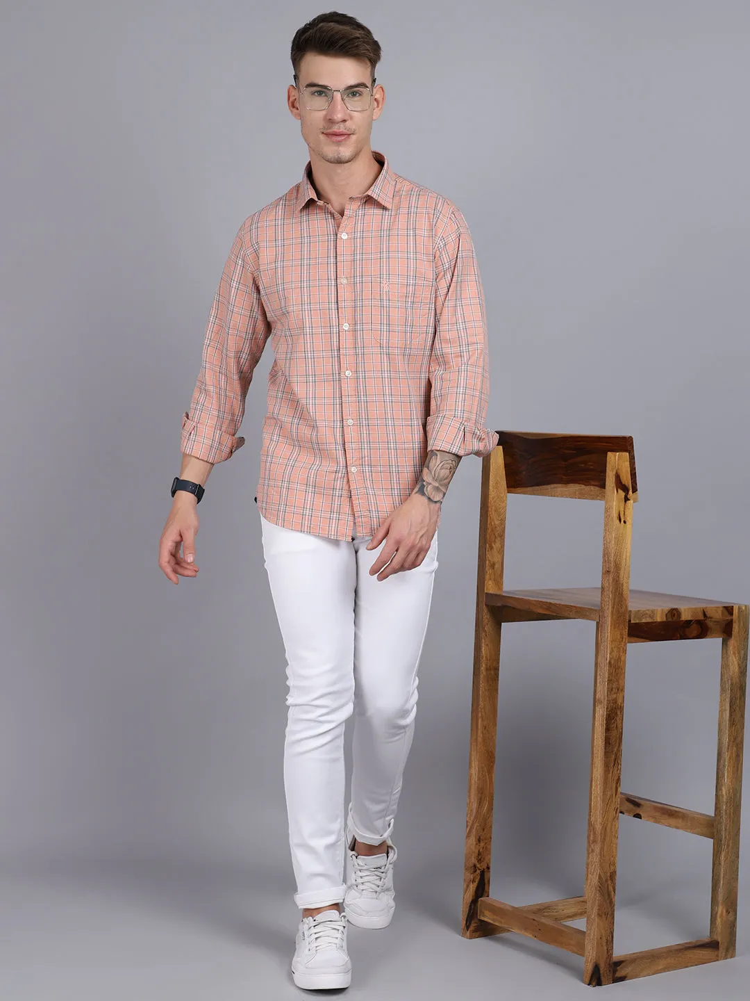 Cantabil Cotton Checkered Peach Full Sleeve Casual Shirt for Men with Pocket