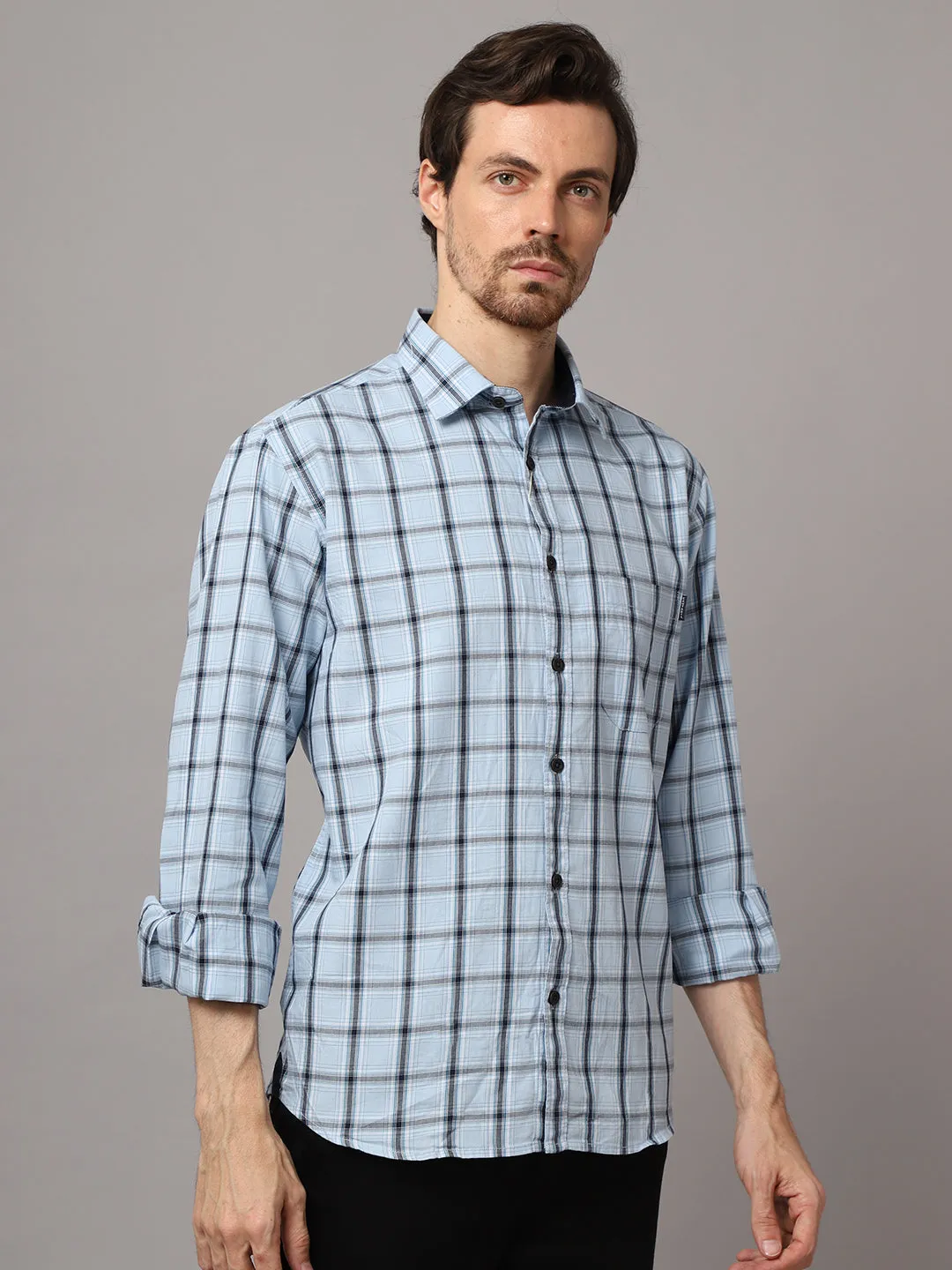 Cantabil Cotton Checkered Sky Blue Full Sleeve Casual Shirt for Men with Pocket