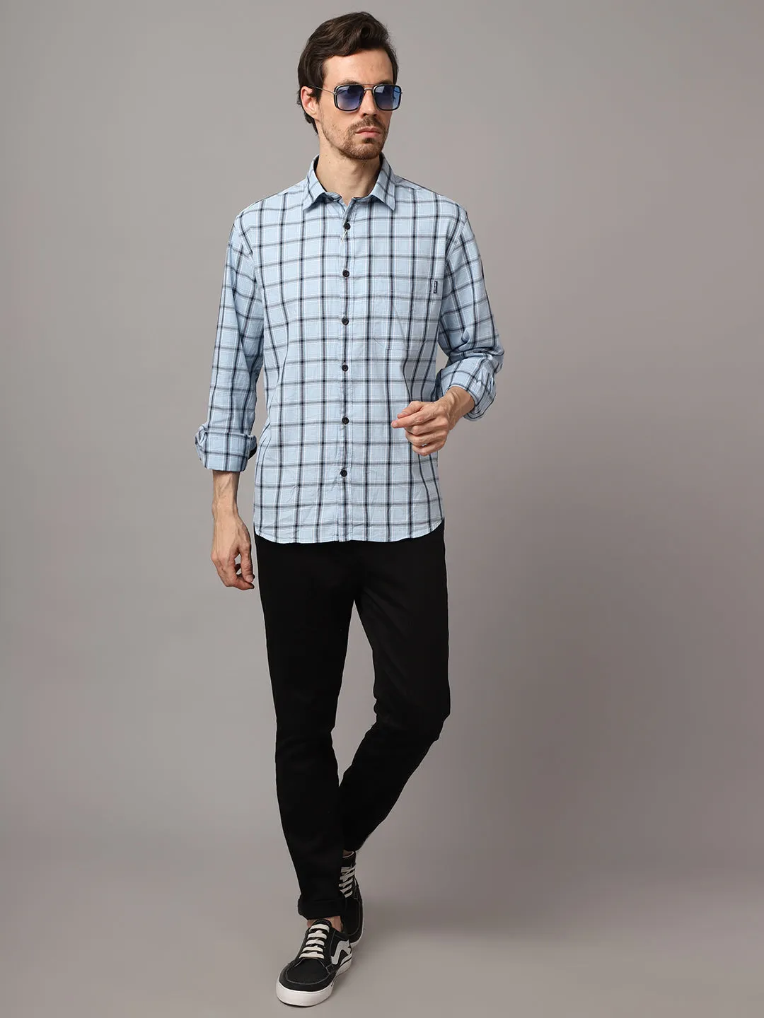 Cantabil Cotton Checkered Sky Blue Full Sleeve Casual Shirt for Men with Pocket