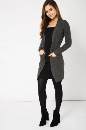 Dark Grey Knitted Open Front Cardigan With Pockets