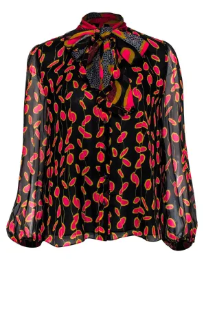 Diane von Furstenberg - Black, Gold & Pink Printed Silk Blouse Sz 2