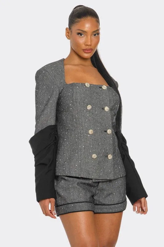 Double Breasted Tweed Blazer Short Set