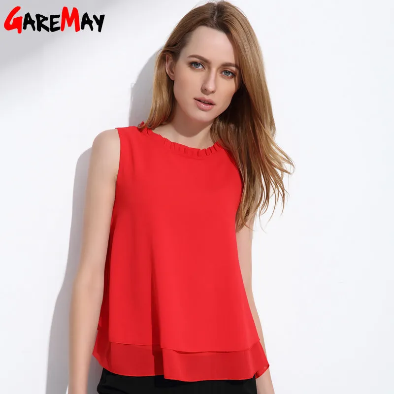 GAREMAY Women Summer Tops Sleeveless Feminine Blouses Loose Ruffle White Shirt Fashion Chiffon Blouse For Women Blusas 001A