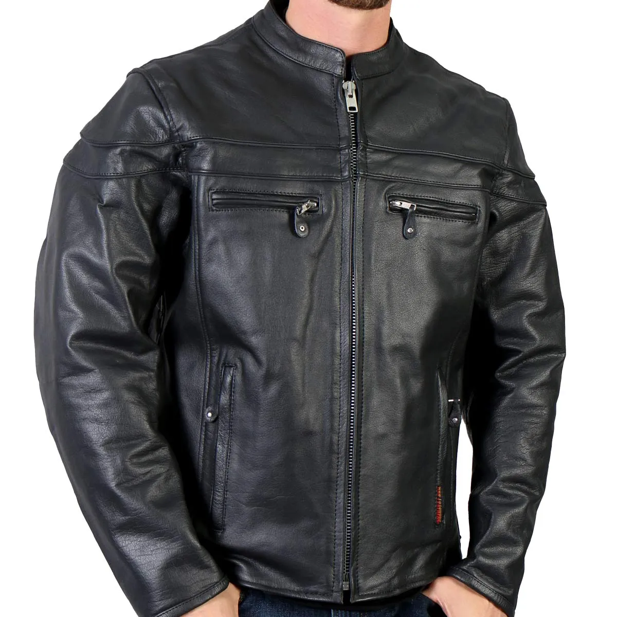 Hot Leathers JKM1011 Men's Black Leather Vented Motorcycle Racer Jacket with Double Piping