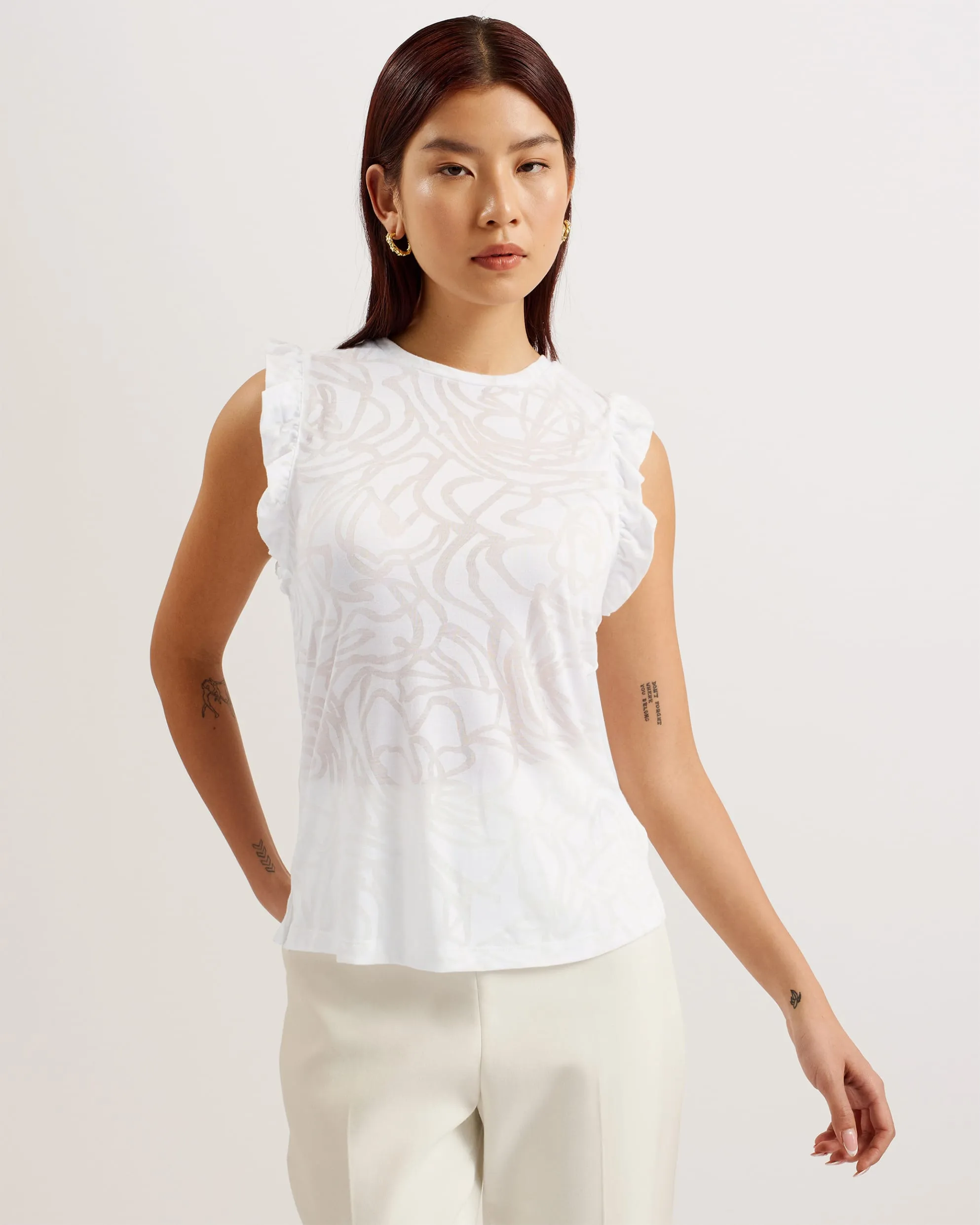 Iilaa Frill Sleeve Burnout Pattern Top White