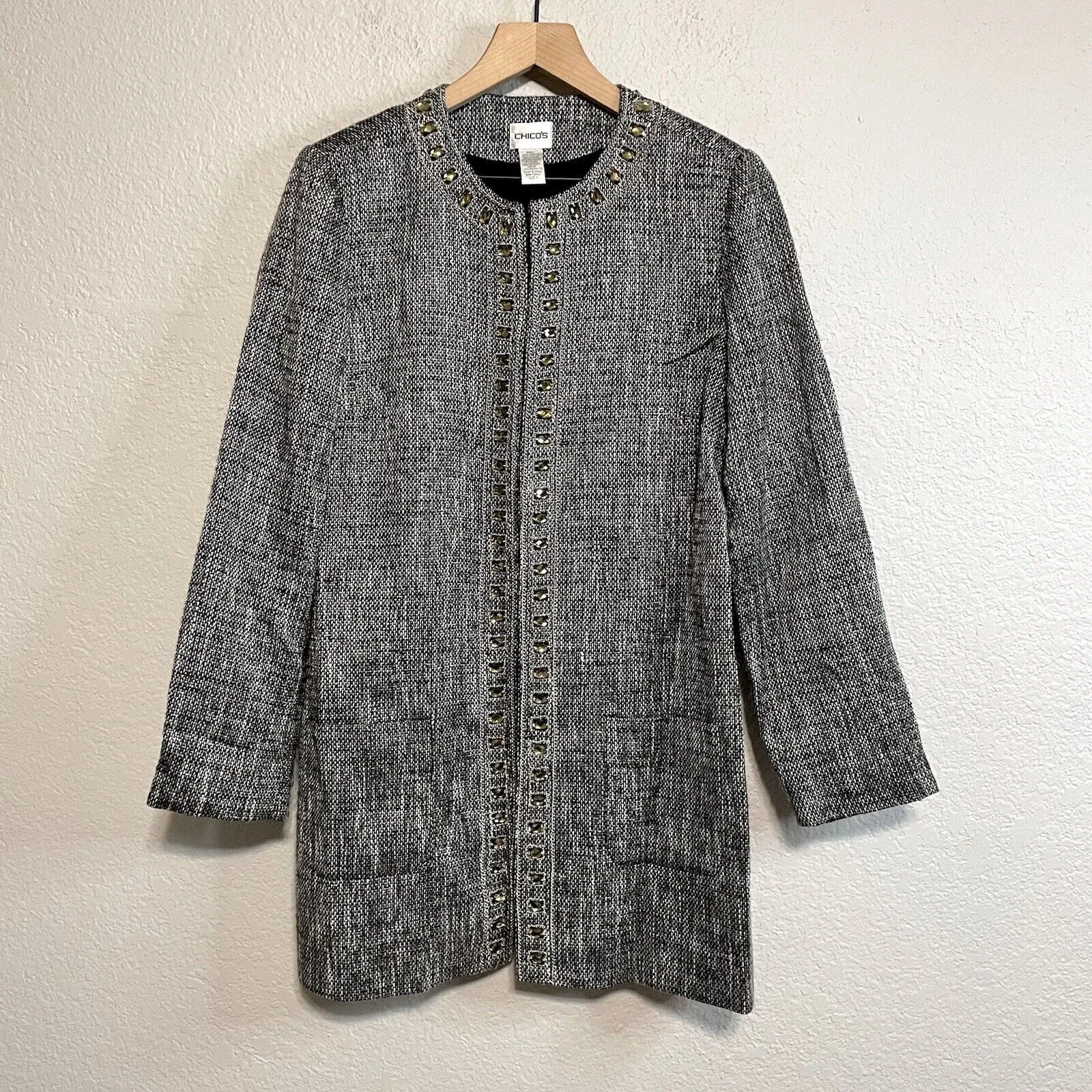 Jeweled Neckline Tweed Blazer Jacket