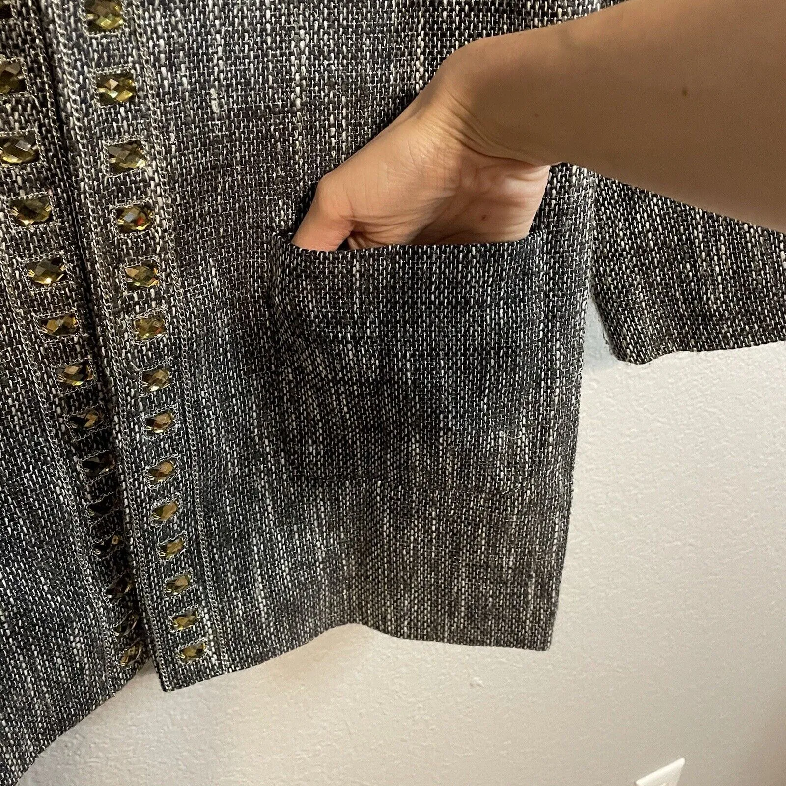 Jeweled Neckline Tweed Blazer Jacket