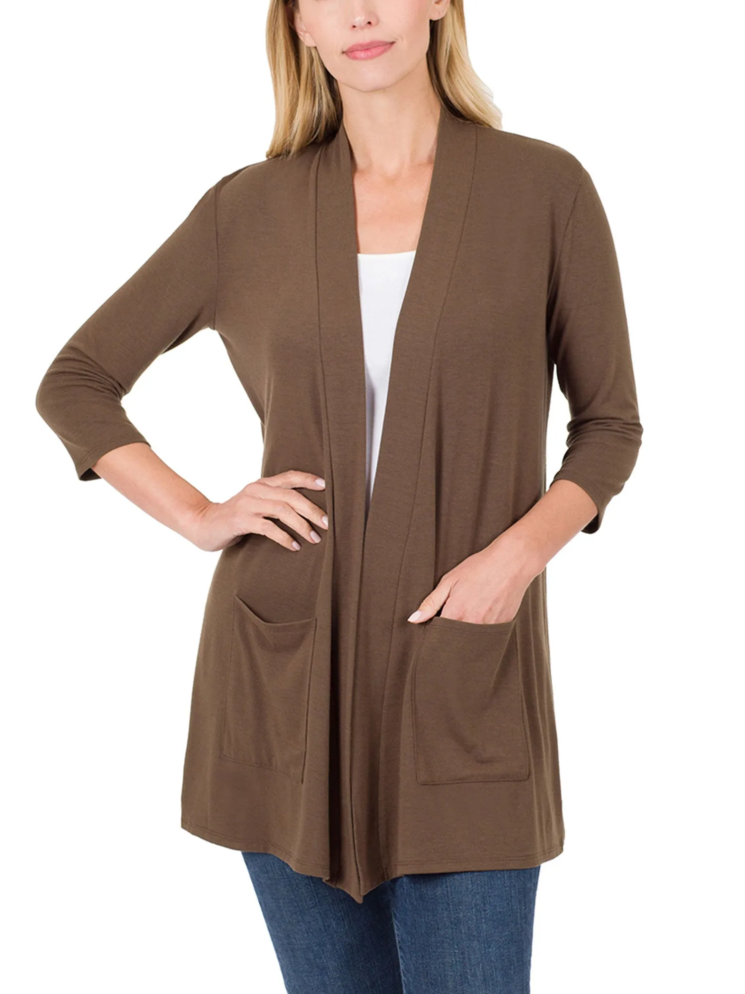 KOGMO Womens 3/4 Sleeve Open Front Cardigan with Pockets