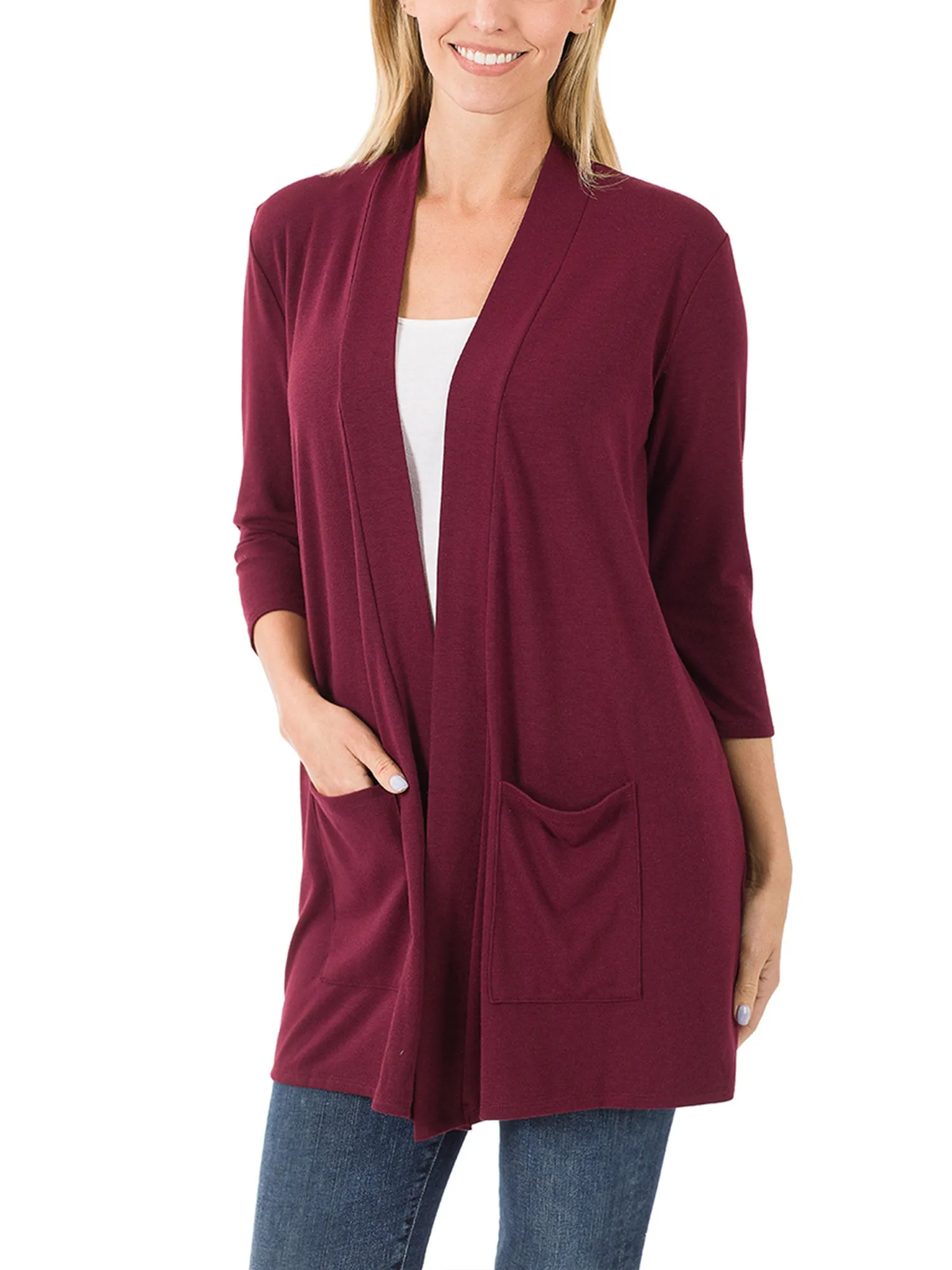 KOGMO Womens 3/4 Sleeve Open Front Cardigan with Pockets