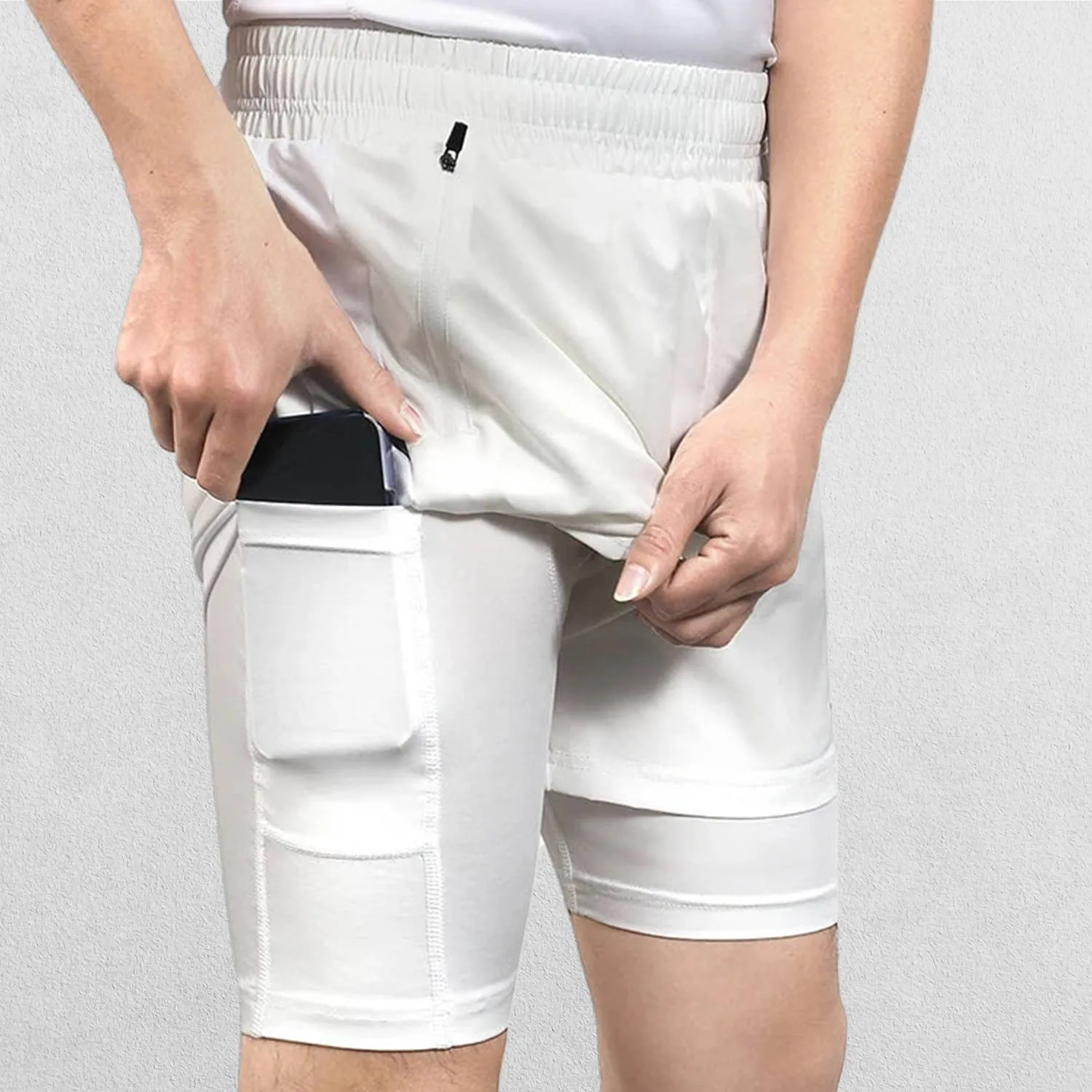 Men’s Breathable 2-in-1 Gym Shorts with Zipper Pockets & Drawstring Fit