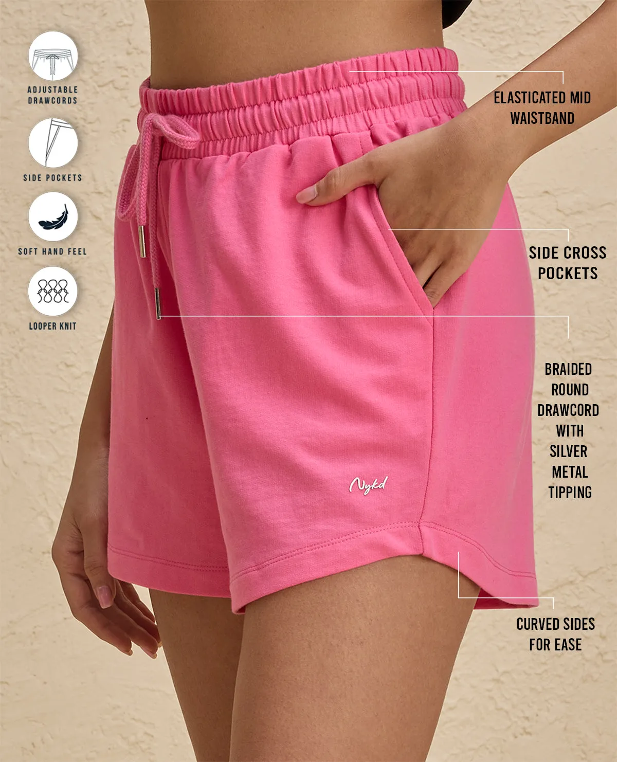 Nykd By Nykaa Summer Essential Peppy All Day Comfort Cotton Terry Shorts -NYAT504-Pink