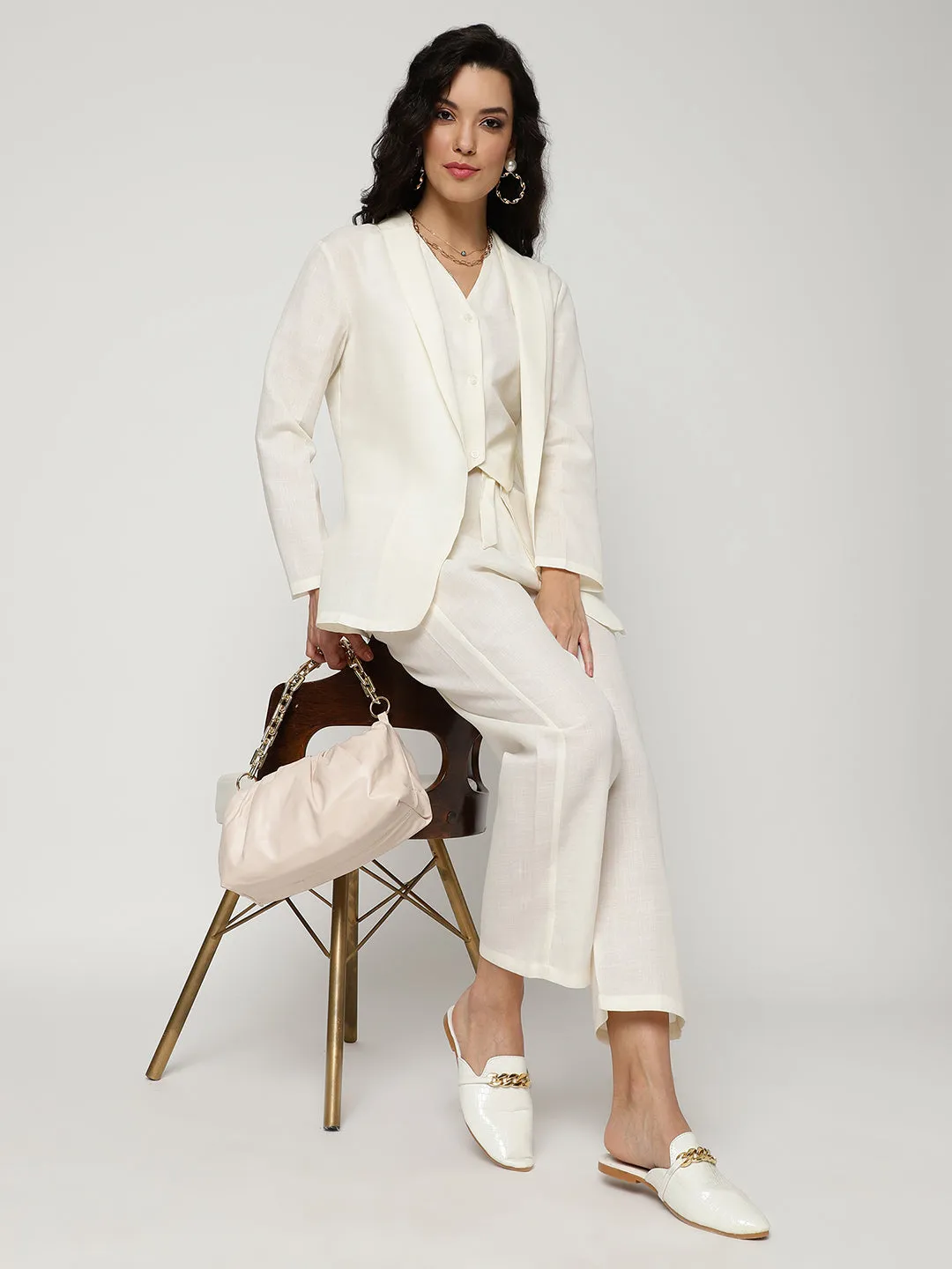 Off White Solid Blazer With Matching Pant Set