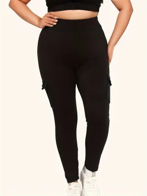 Plus Size High Rise Skinny Fitness Leggings with Flap Pockets for Women