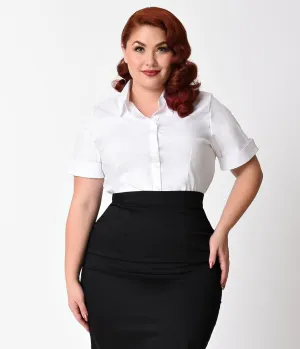 Plus Size White Collared Short Sleeve Cotton Button Up Blouse