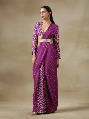 Purple Bandhani Printed Silk Ready To Wear Saree with Belt