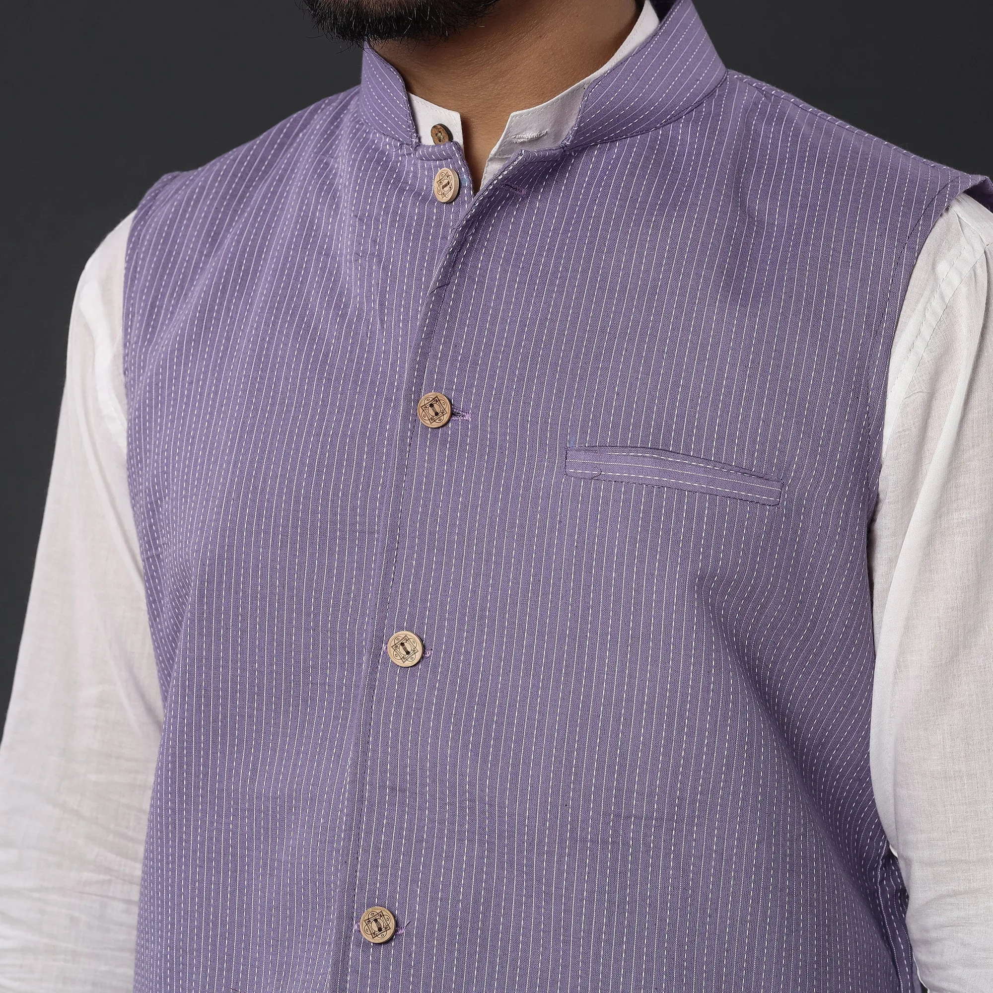 Purple - Running Stitch Pure Cotton Men Nehru Jacket 22