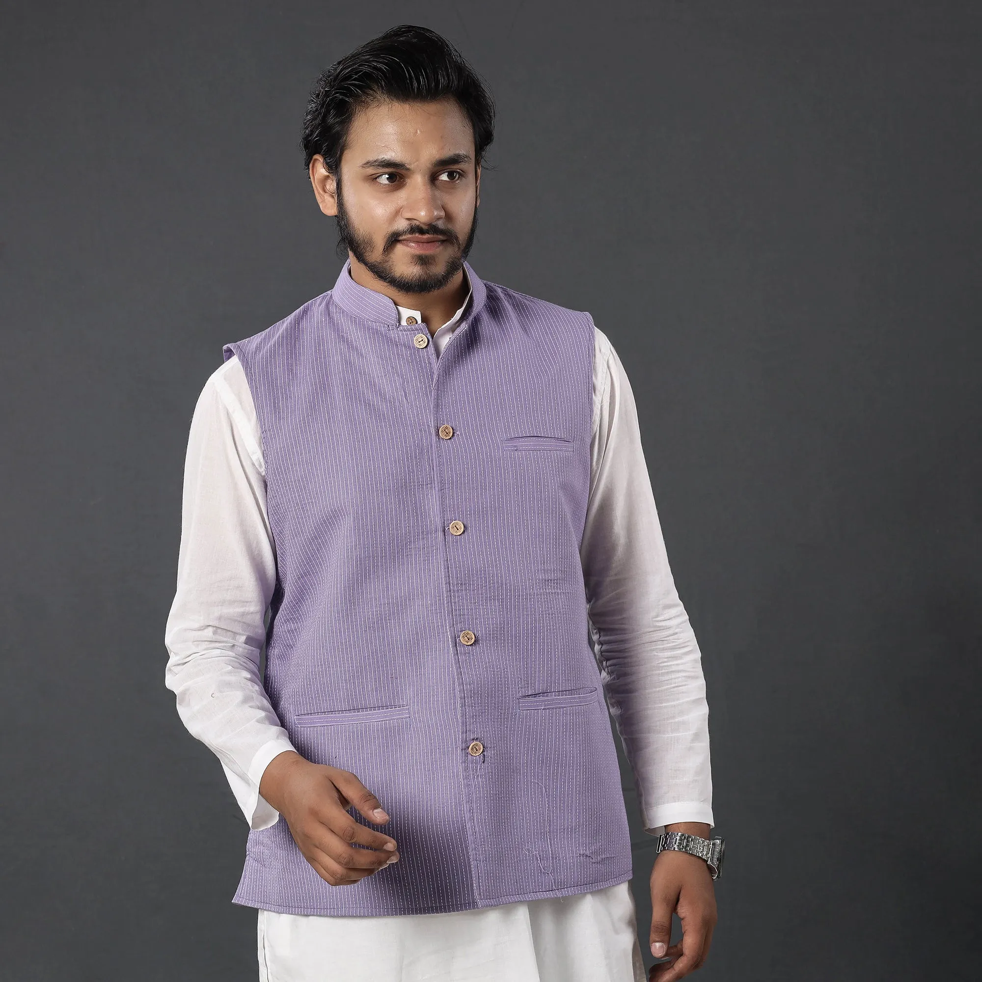 Purple - Running Stitch Pure Cotton Men Nehru Jacket 22