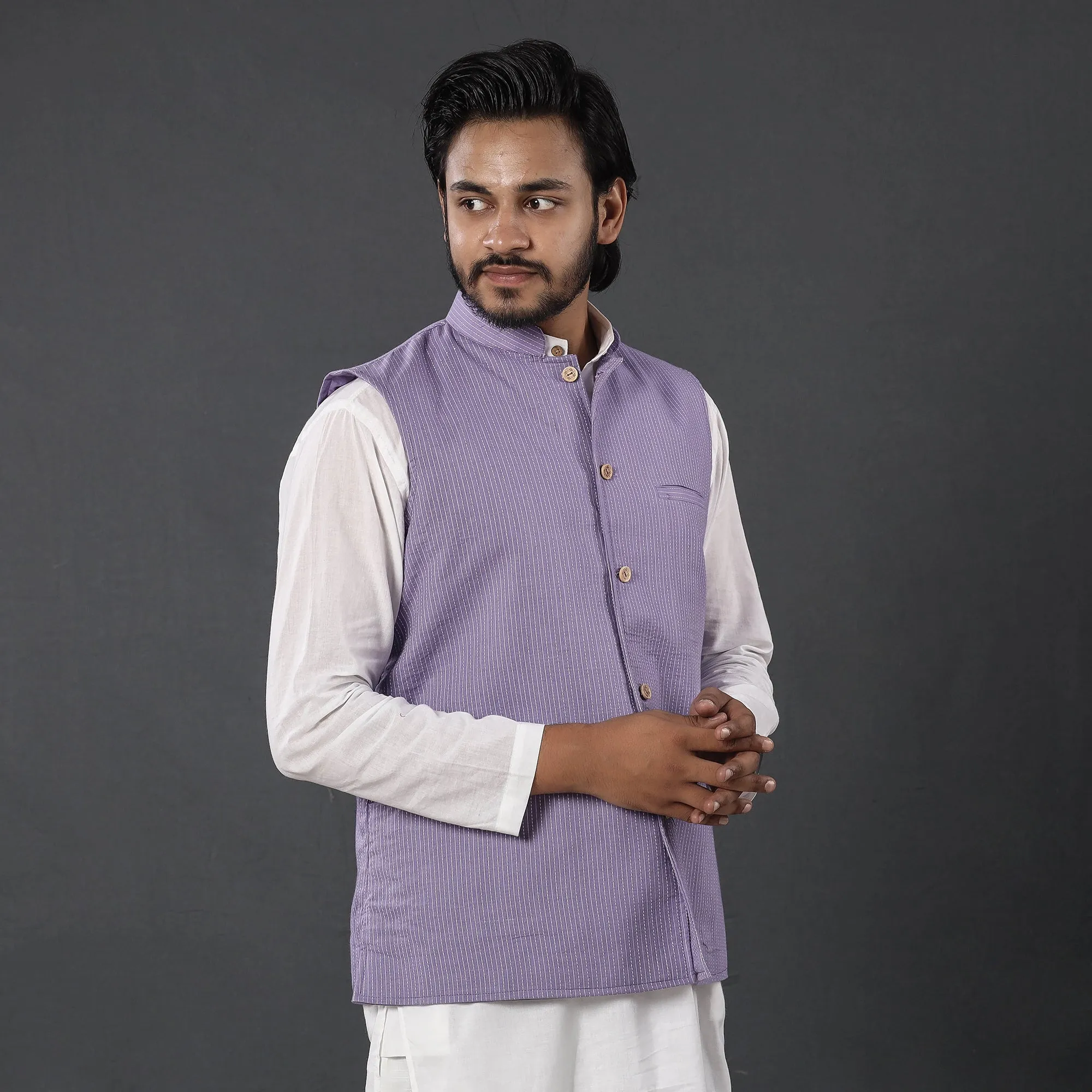 Purple - Running Stitch Pure Cotton Men Nehru Jacket 22