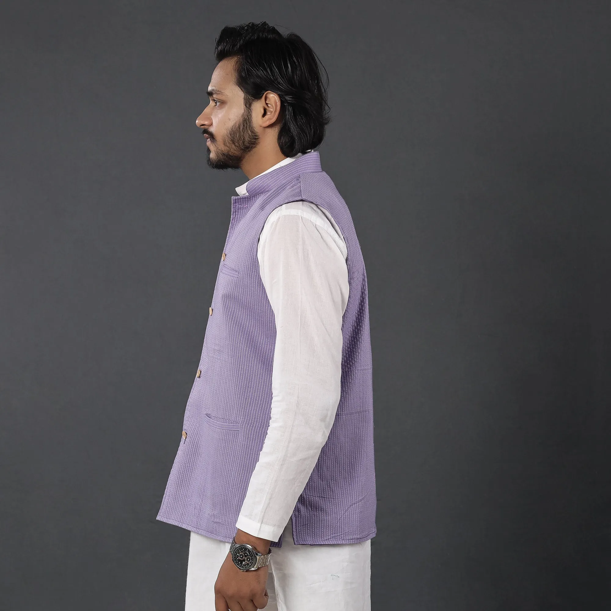 Purple - Running Stitch Pure Cotton Men Nehru Jacket 22