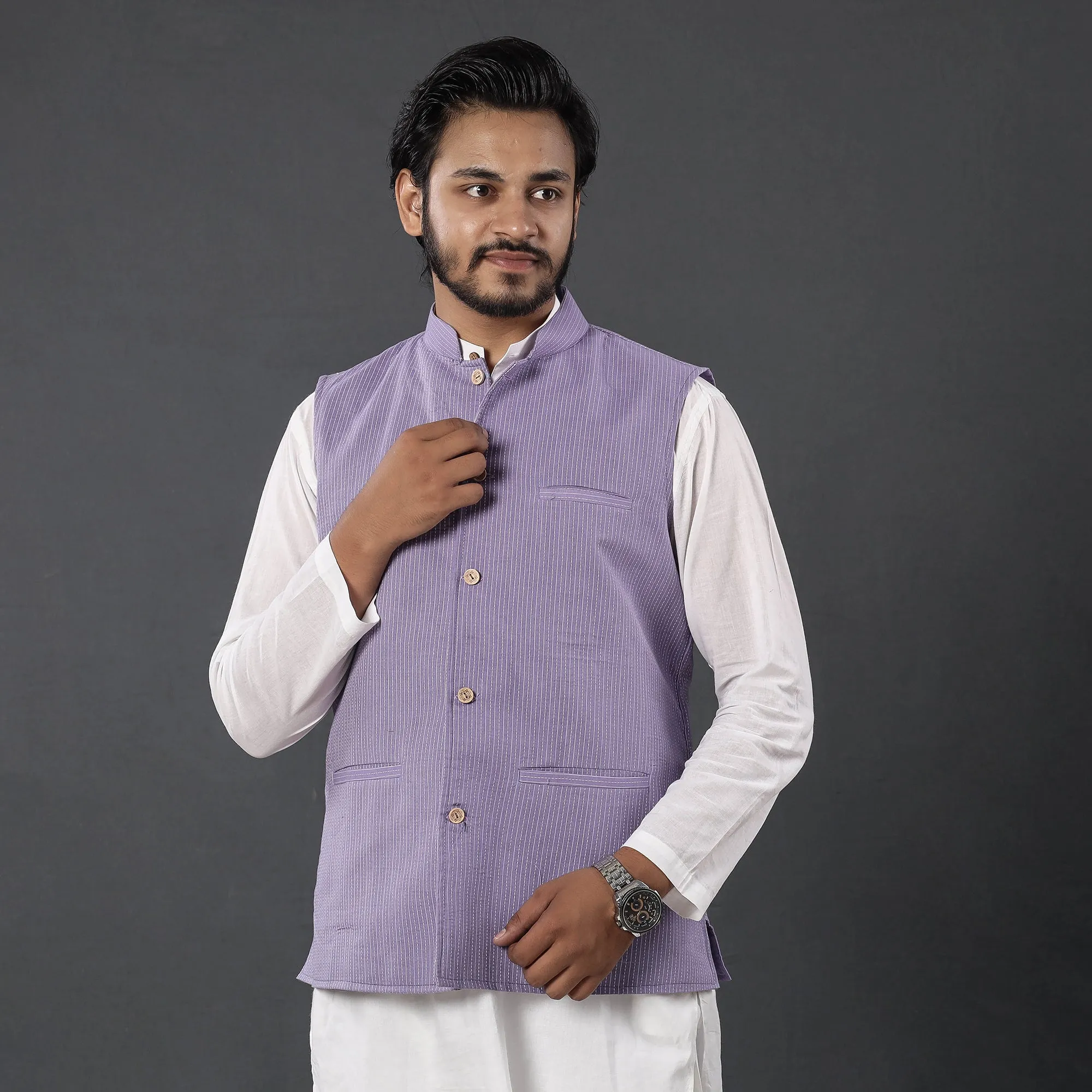 Purple - Running Stitch Pure Cotton Men Nehru Jacket 22