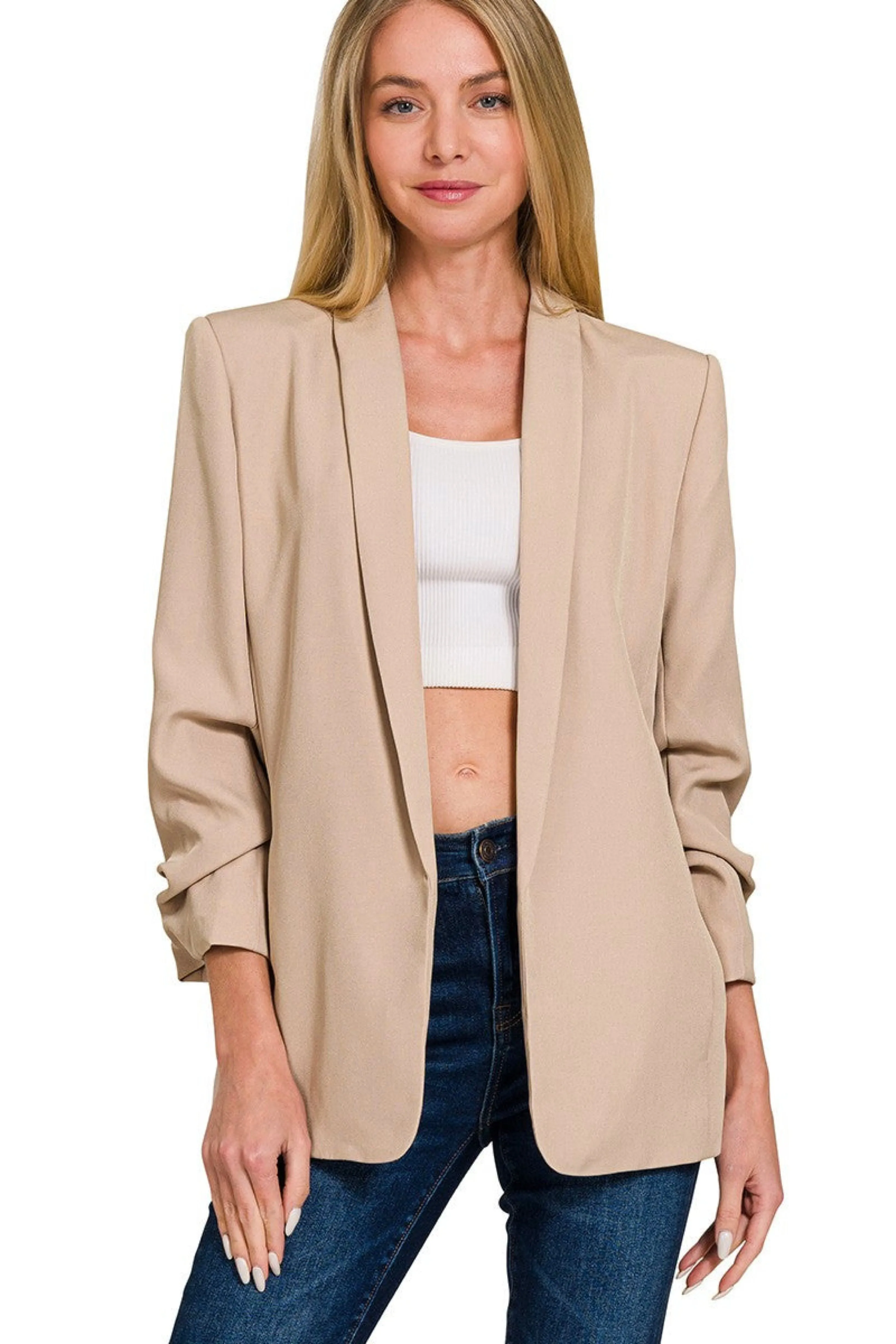 Ruched Sleeve Open Front Blazer in Light Mocha