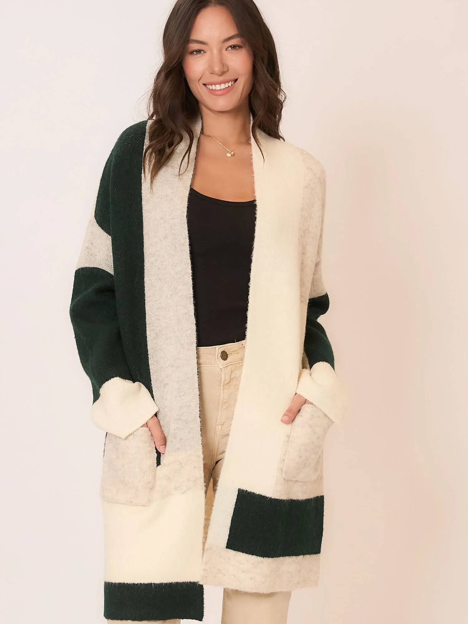 Soft Knit Color Block Open Cardigan