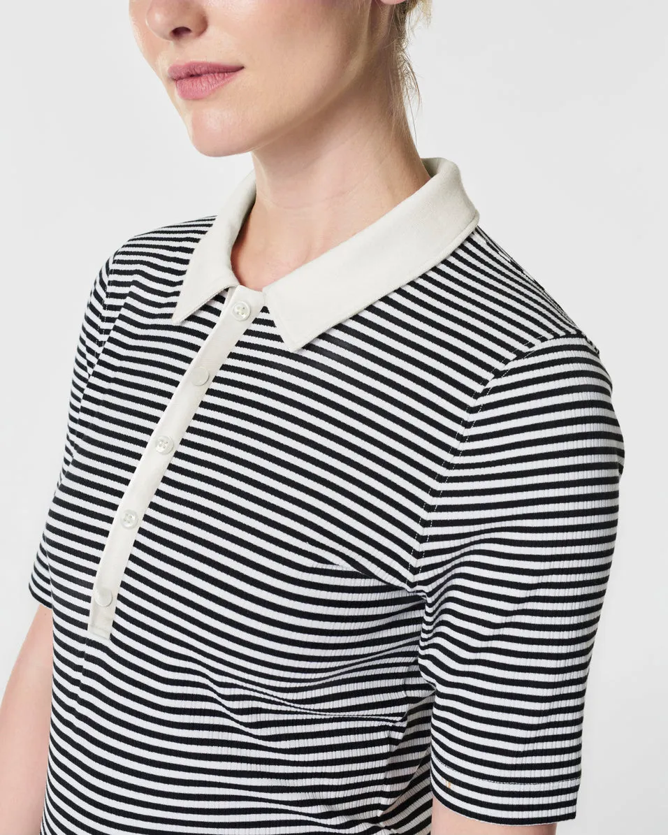 Stretch Rib Striped Polo Top