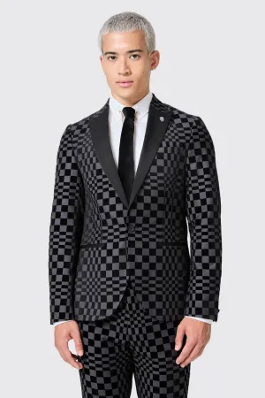 Tiber Skinny Fit Grey Check Tuxedo Jacket