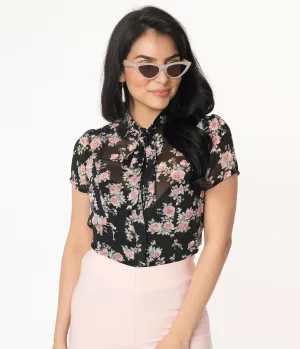 Unique Vintage 1940s Black & Pink Floral Elsie Blouse