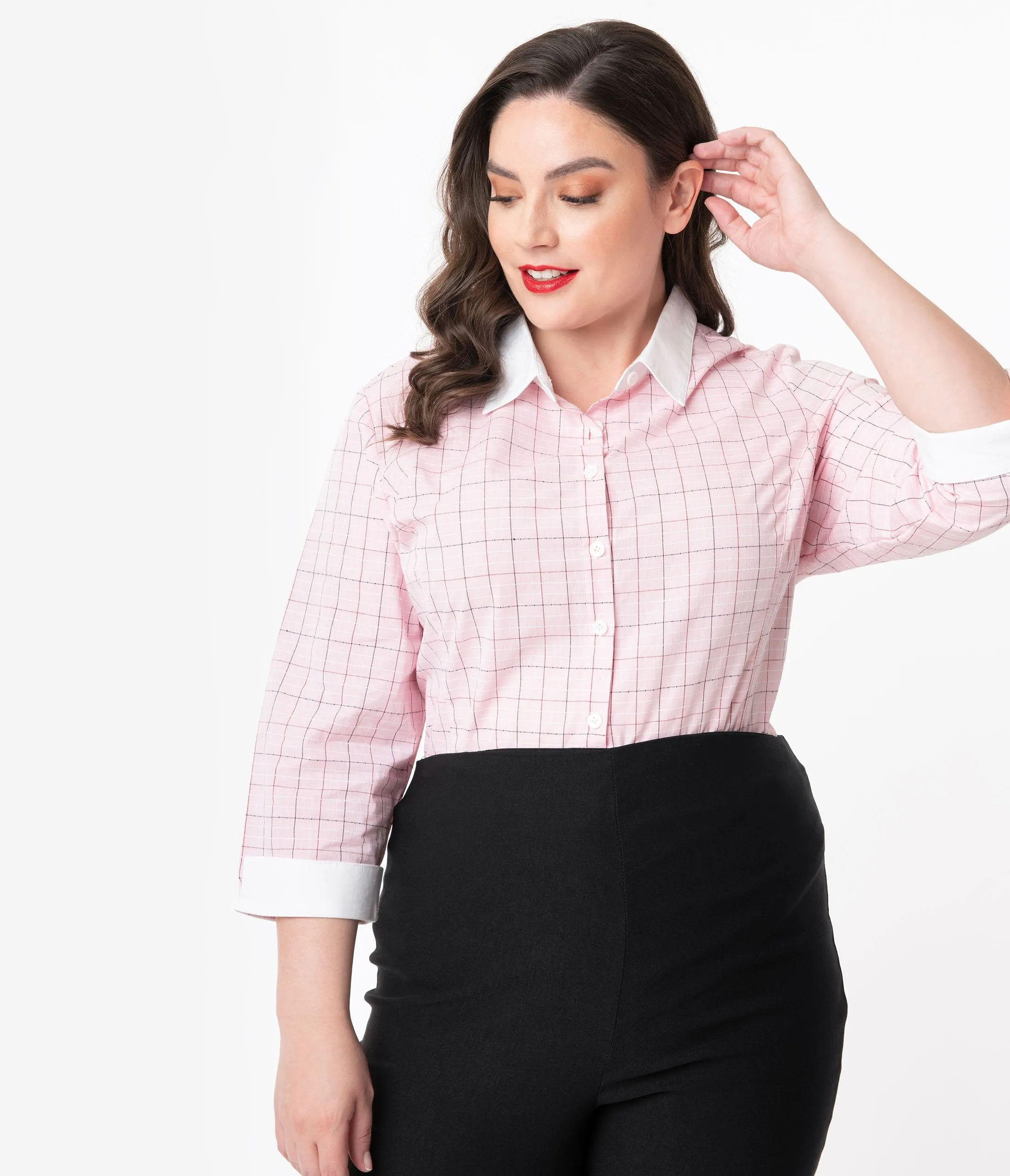 Unique Vintage Plus Size 1950s Light Pink Windowpane Birdie Blouse