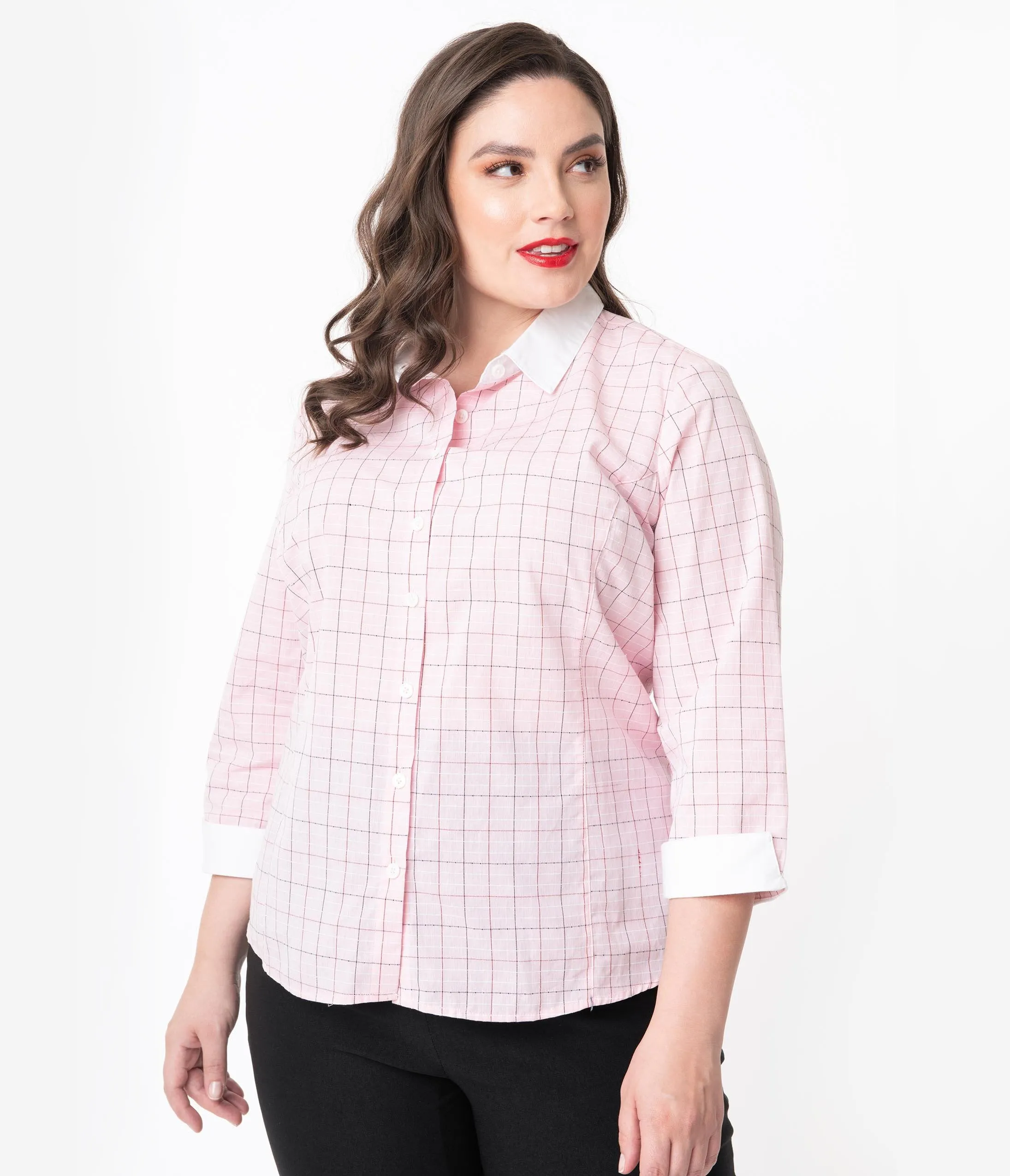 Unique Vintage Plus Size 1950s Light Pink Windowpane Birdie Blouse