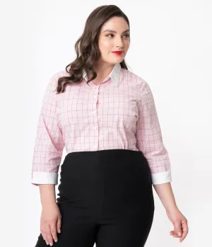 Unique Vintage Plus Size 1950s Light Pink Windowpane Birdie Blouse