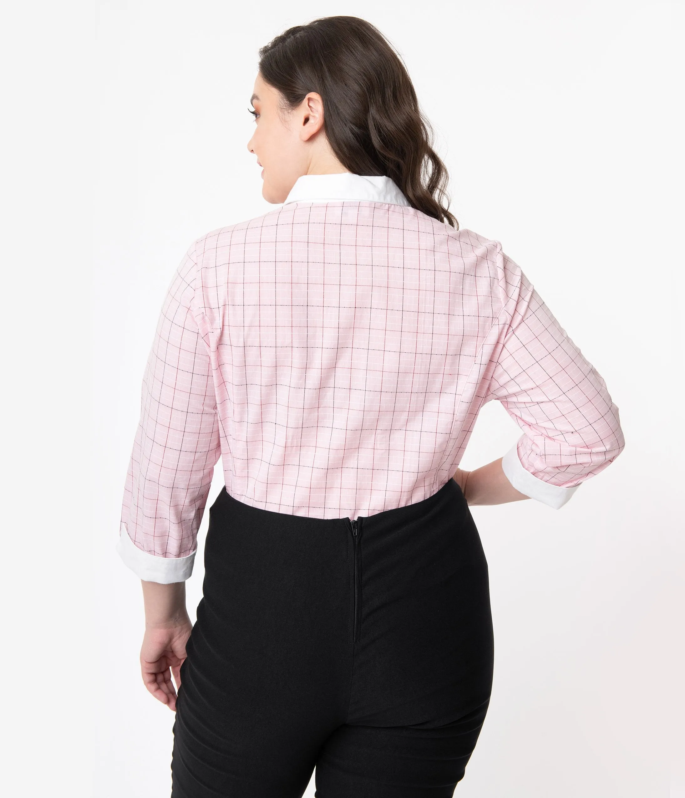 Unique Vintage Plus Size 1950s Light Pink Windowpane Birdie Blouse