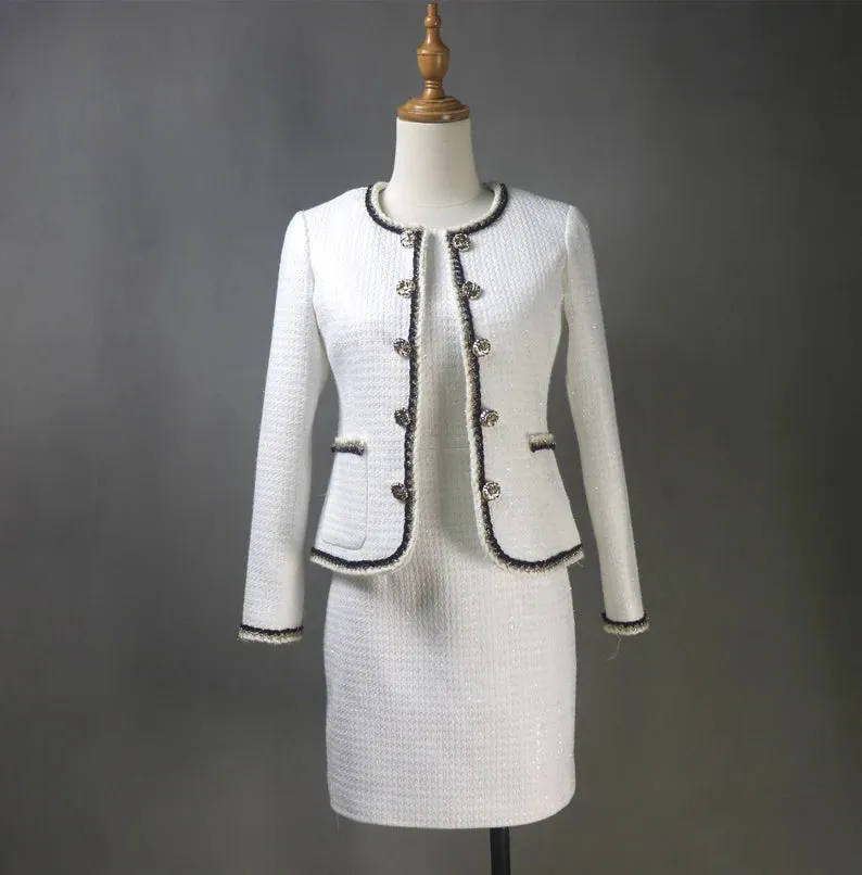 Women CUSTOM MADE Black Golden Trim Classic White Tweed Jacket   Dress Suit