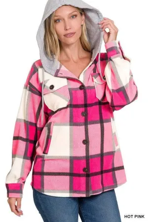 Zenana plaid hooded fleece shacket